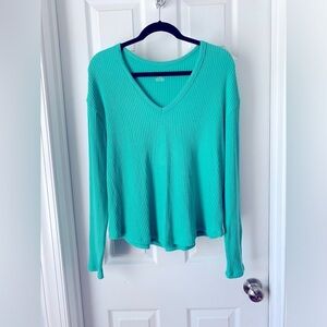 American Eagle Sweater Womens Large Green Ribbed V-Neck Long Sleeve Shirt